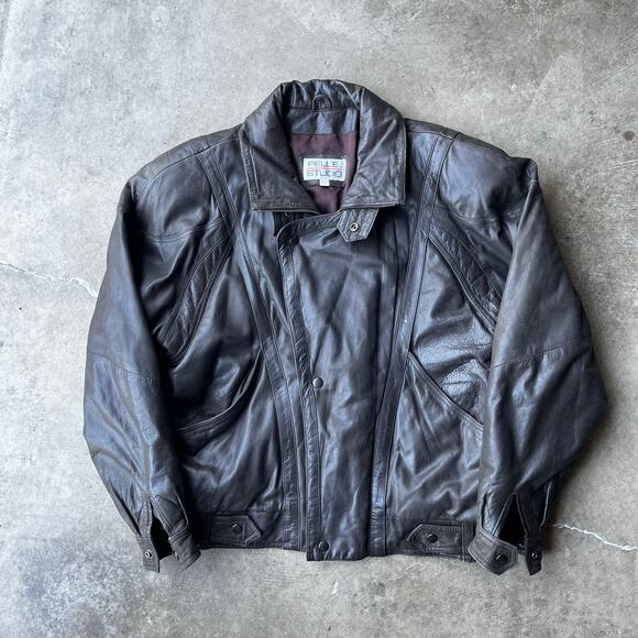 VINTAGE 90S PELLE STUDIO BROWN LEATHER JACKET BOMBER ASYMMETRICAL KOREA LARGE